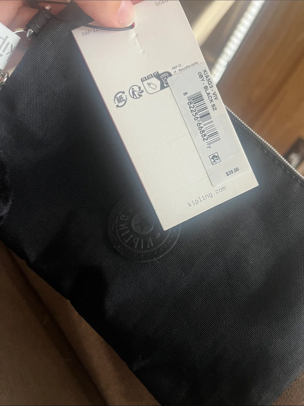 Kipling Black Nylon Zip Pouch with Monkey Key Charm